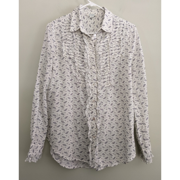 Sundance Floral Ruffle Raw Edge Cotton Button Down Small - Picture 1 of 6